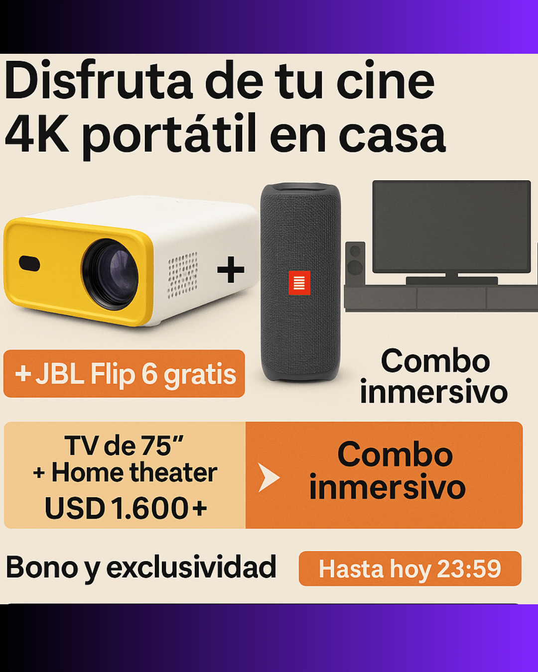 2 en 1 - Proyector Portátil CineFlex 4K +  JBL Flip 6 Regalo [Promoción hasta las 23:59] - Tienda SuaCalm